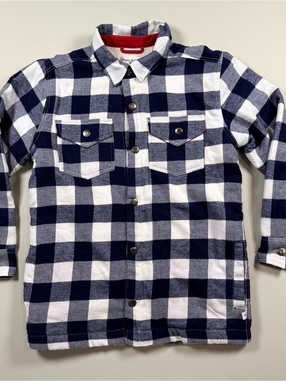 Tommy Bahama Navy and White Plaid Snap Button Shirt Shacket Sherpa 4 Pockets